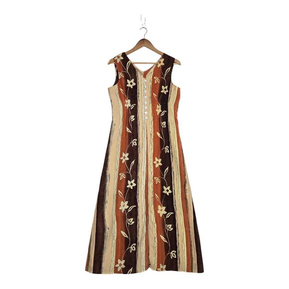 Vtg Rene Margo Maxi Dress M Brown Floral Fall Autumn Boho Sleeveless Tie Back - Picture 1 of 16